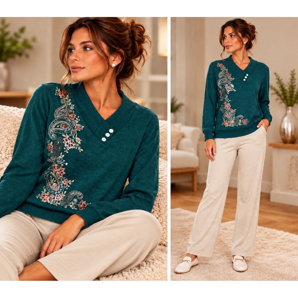 Alfred Dunner Pullover Top Women PL Green Paisley Embroidered V-Neck Super Soft